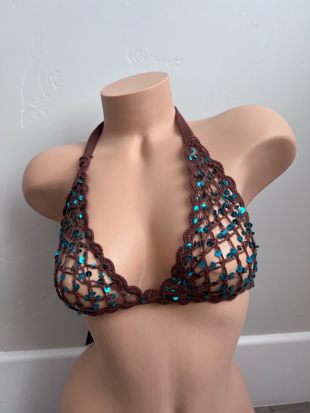 Dolls Kill Brown Crochet Tie-Back Halter Bralette